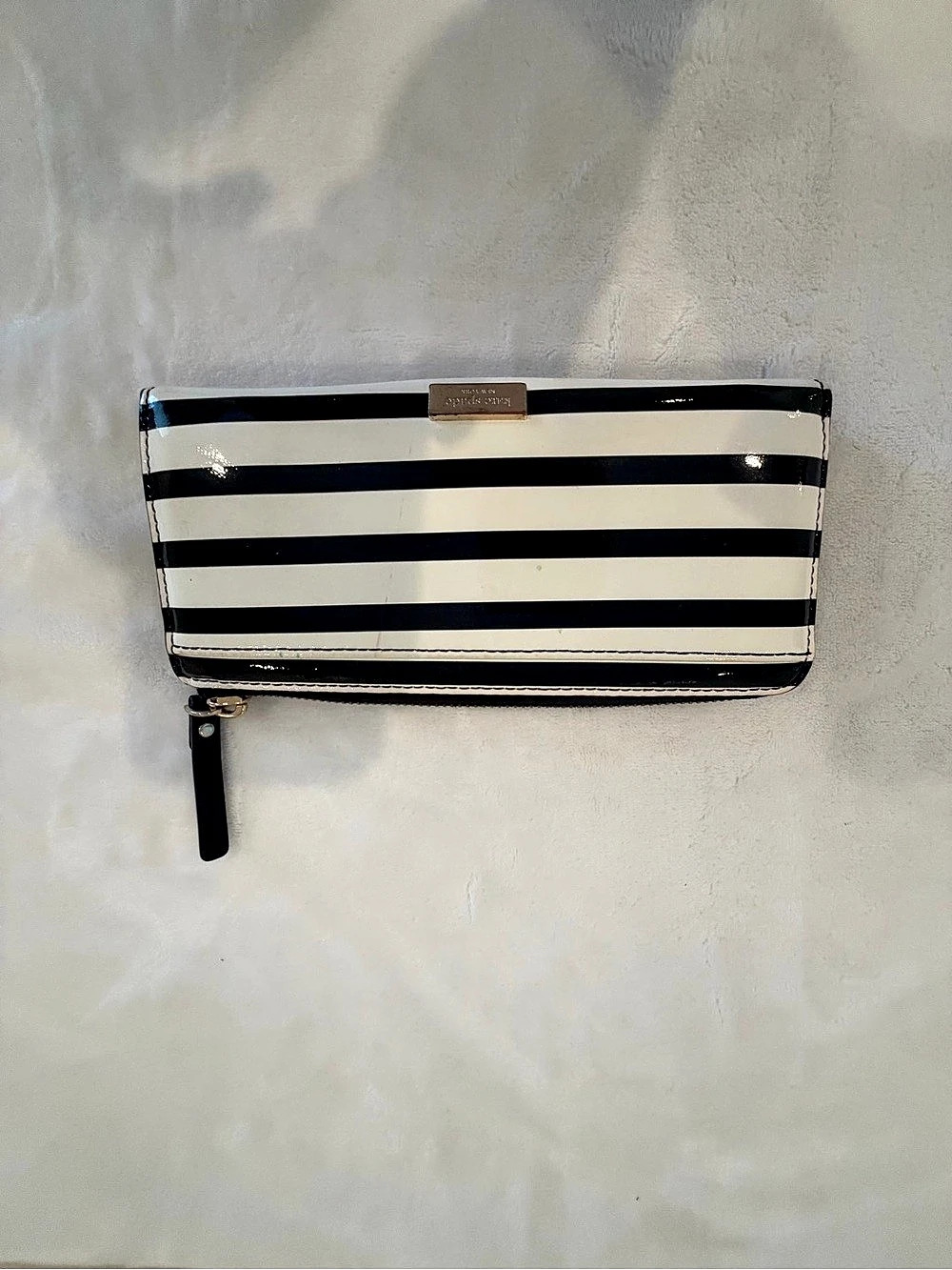Kate Spade Black and White Striped Patent Leather Zip Around Wallet Black &